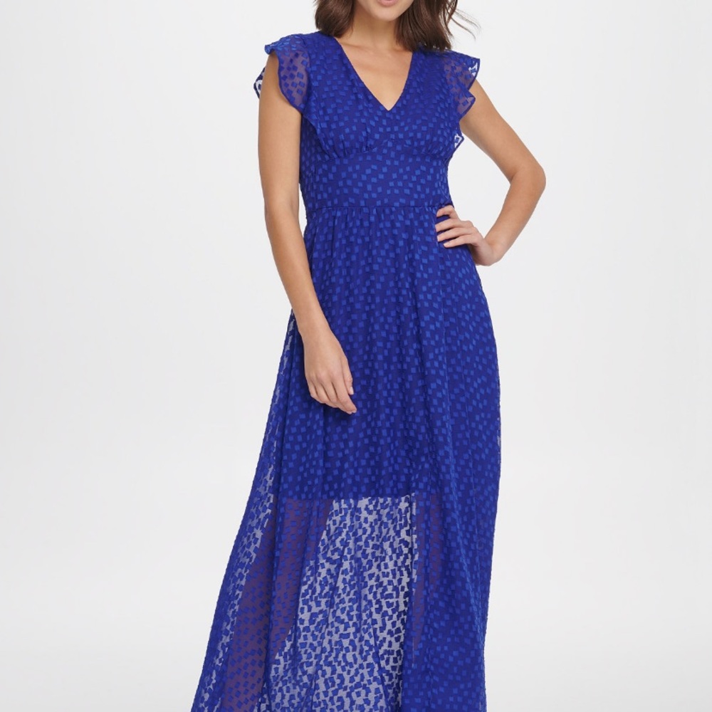 New DKNY blue v neck ruffled sleeve dress 6 NWT $129